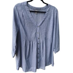 J. Jill Blue Pleated 3/4 Sleeve Bib Collar Blouse Large 100% Cotton Large